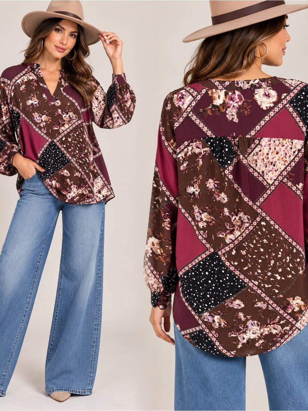 Maurices Burgundy Patchwork Floral V-Neck Tunic